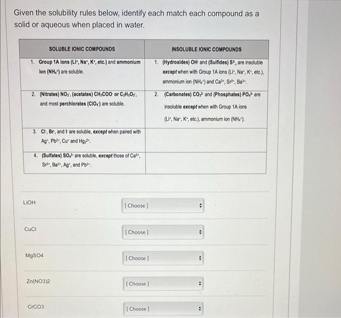 Solved Given the solubility rules below, identify each match | Chegg.com