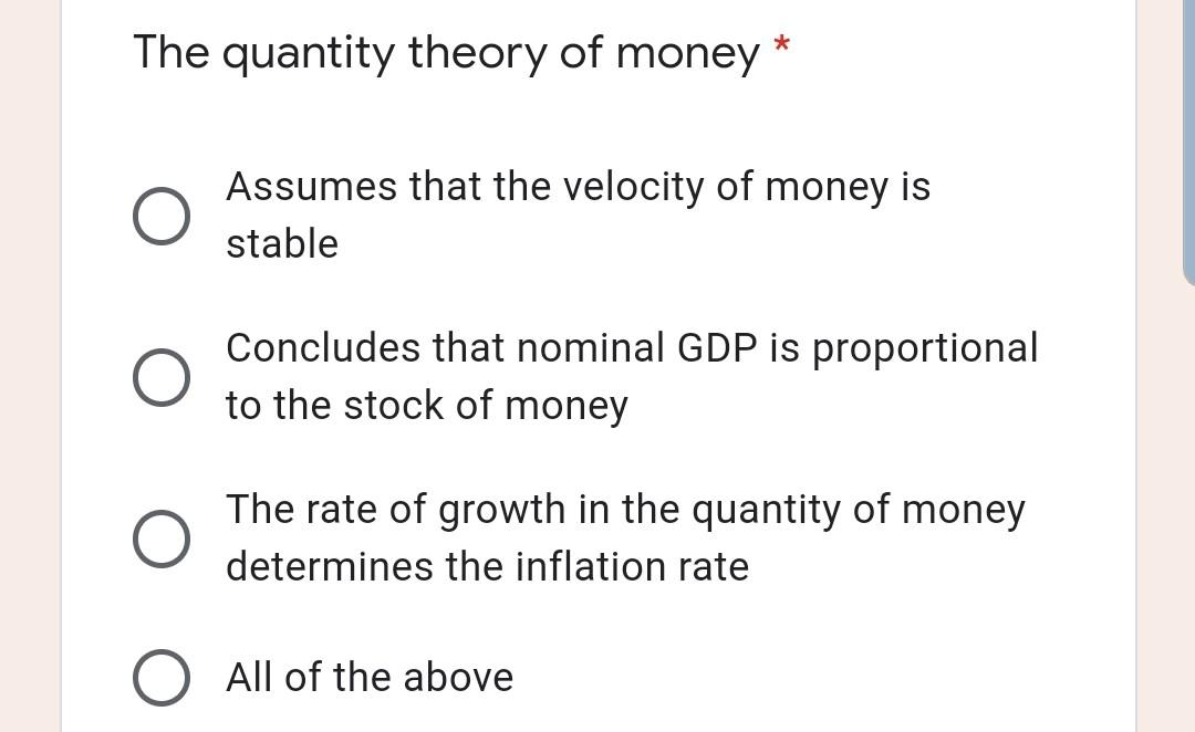 Solved * The quantity theory of money Assumes that the | Chegg.com