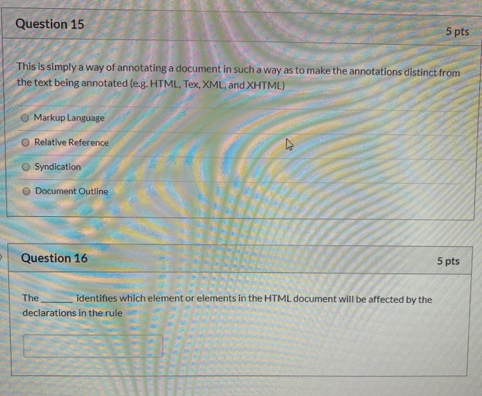 Question 15 5 pts This is simply a way of annotating a document in such a way as to make the annotations distinct from the te