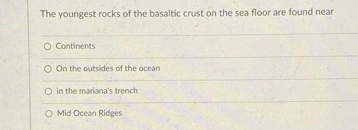Solved The youngest rocks of the basaltic crust on the sea | Chegg.com