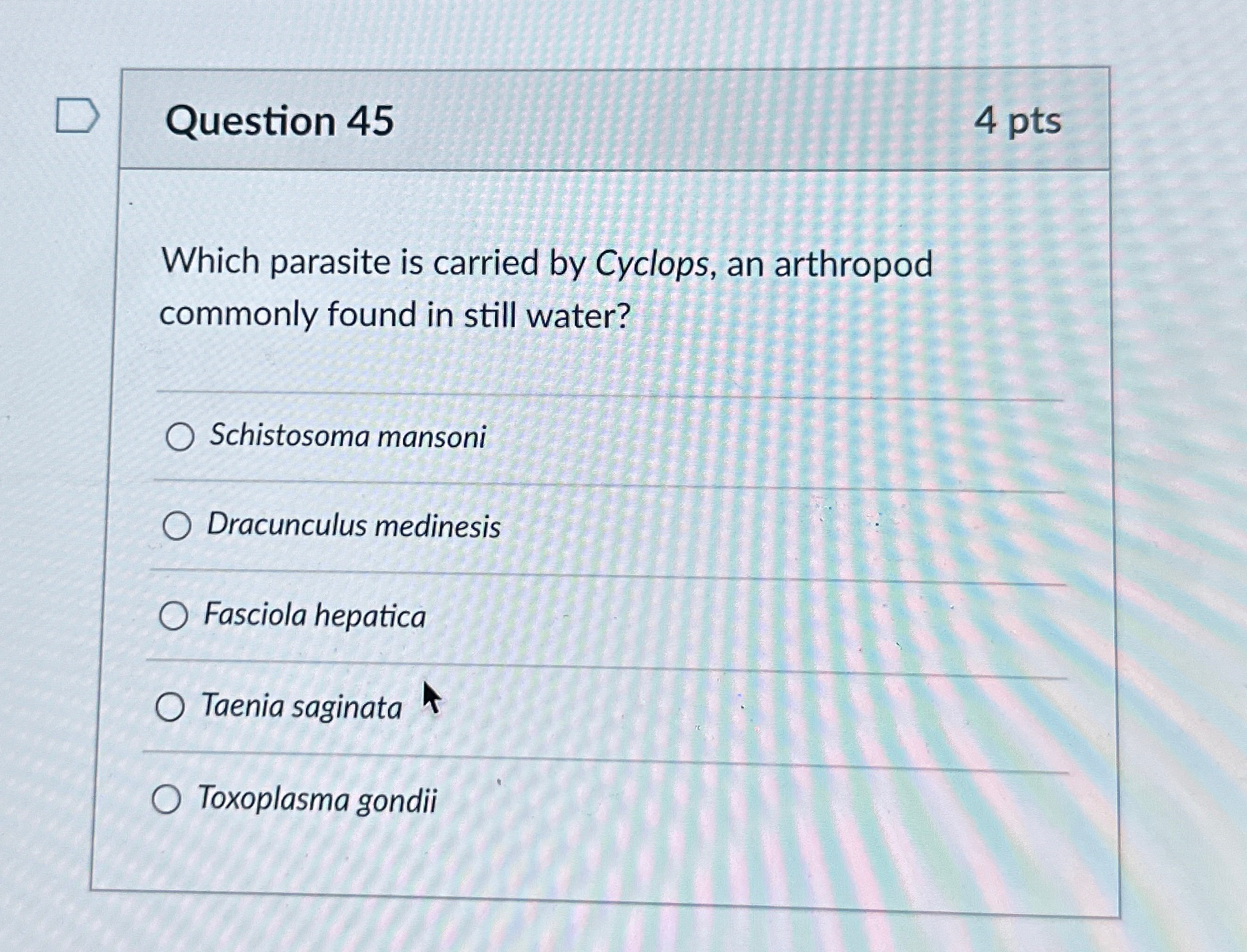 Solved Question 454 ﻿ptsWhich parasite is carried by | Chegg.com