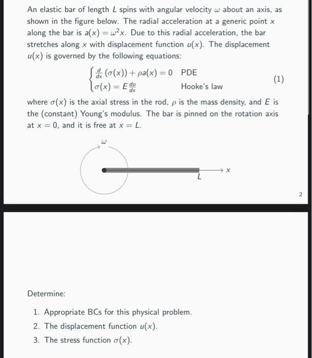 An elastic bar of length \( L \) spins with angular velocity \( \omega \) about an axis, as shown in the figure below. The ra