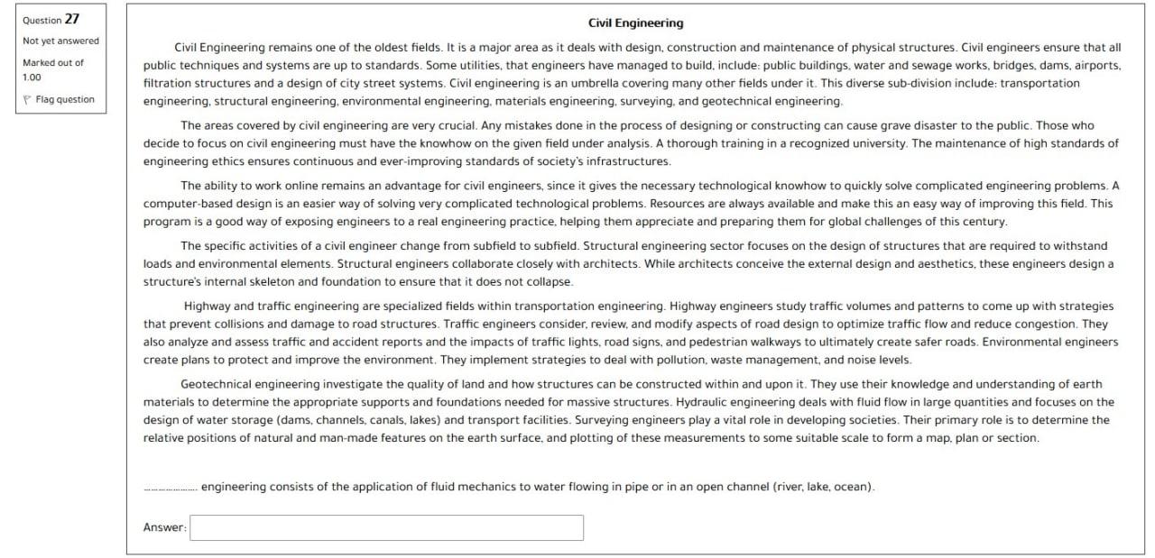 Solved Question 27 Civil Engineering Not yet answered Marked | Chegg.com