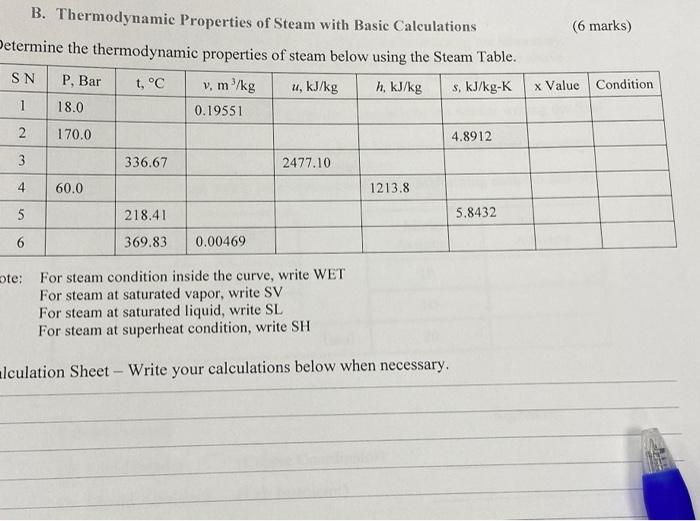 Solved (6 Marks) B. Thermodynamic Properties Of Steam With | Chegg.com