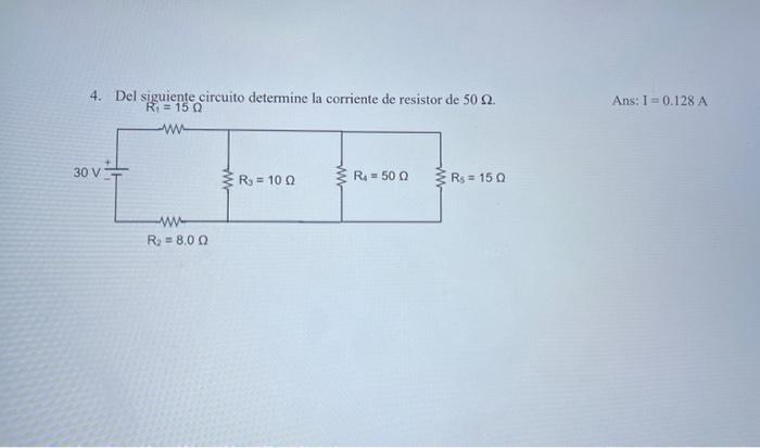 4. Del siguiente circuito determine la corriente de resistor de \( 50 \Omega \). \( R_{1}=15 \Omega \) Ans: \( \mathrm{I}=0.1