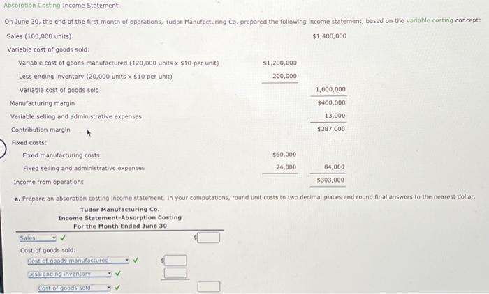 Solved Absorption Costing Income Statement On June 30 , the | Chegg.com