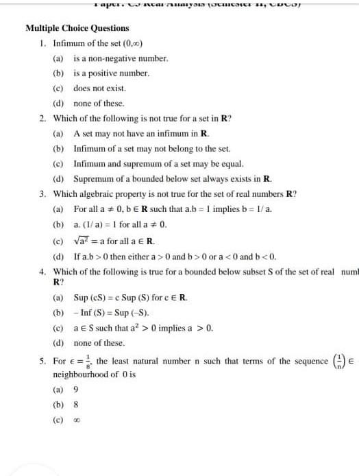 Solved Multiple Choice Questions 1. Infimum of the set (0,0) | Chegg.com