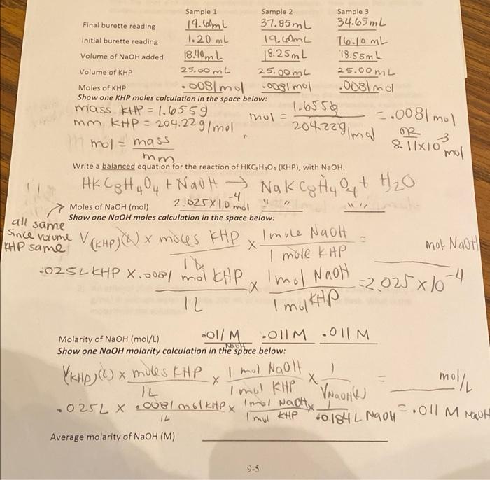 Solved my calculations for moles of KHP and NaOH and | Chegg.com