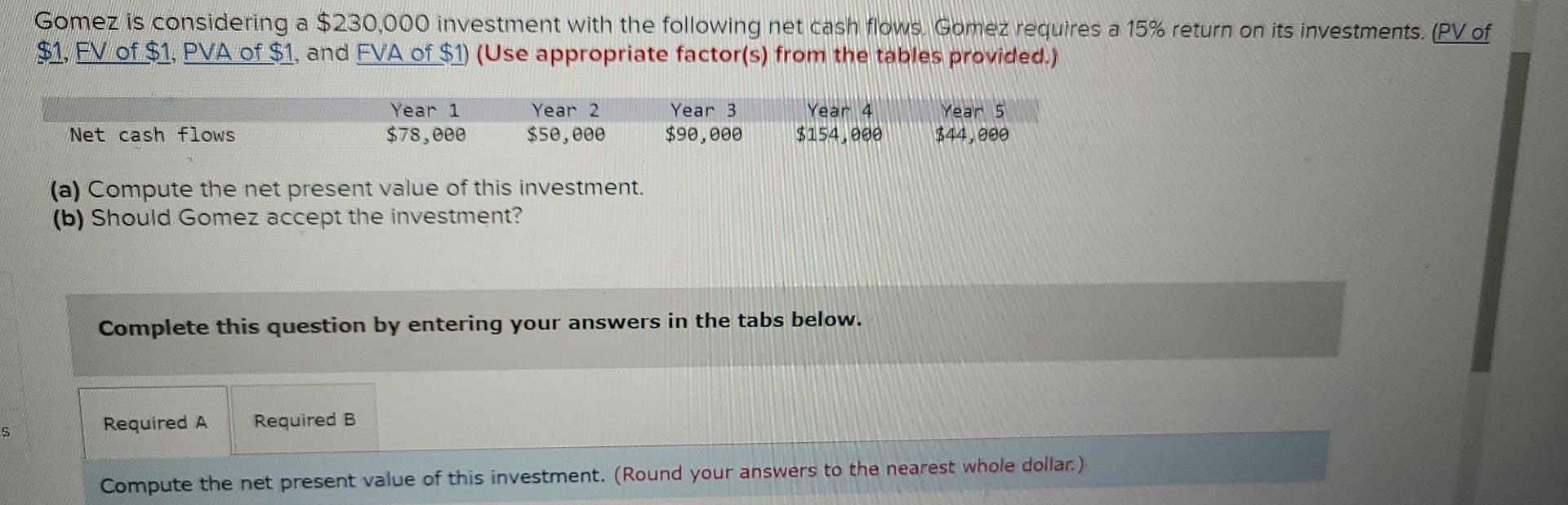 Solved Gomez Is Considering A 230 000 Investment With The Chegg