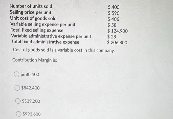 Solved Number of units sold 5,400 Selling price per unit $ | Chegg.com