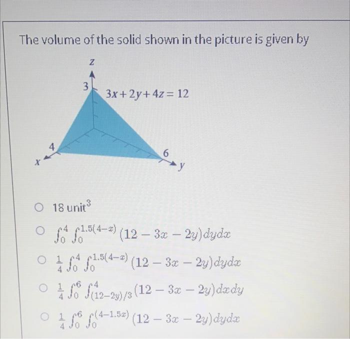 Solved The volume of the solid shown in the picture is given | Chegg.com
