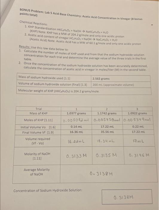 Solved BONUS Problem: Lab 5 Acid-Base Chemistry: Acetic Acid | Chegg.com