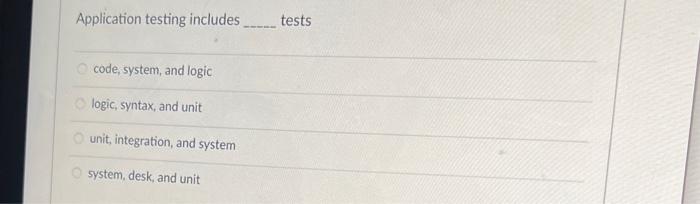 Solved Application testing includes tests code, system, and | Chegg.com