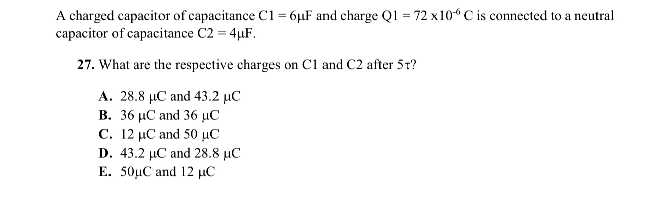 Solved A charged capacitor of capacitance C1=6μF ﻿and charge | Chegg.com