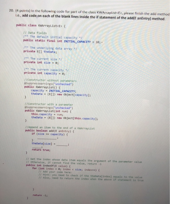 Solved 20. (4 points) in the following code for part of the | Chegg.com