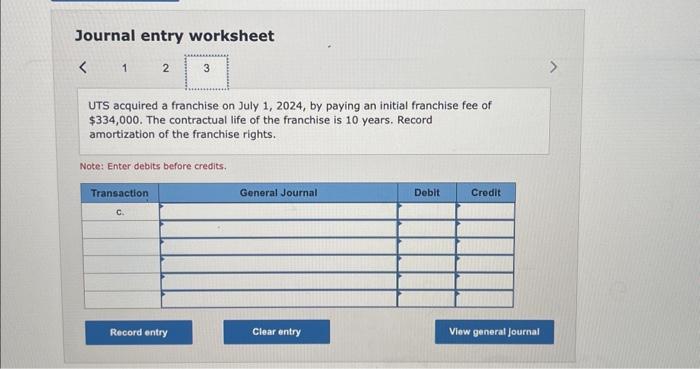 Solved Journal entry worksheet UTS acquired a franchise on | Chegg.com