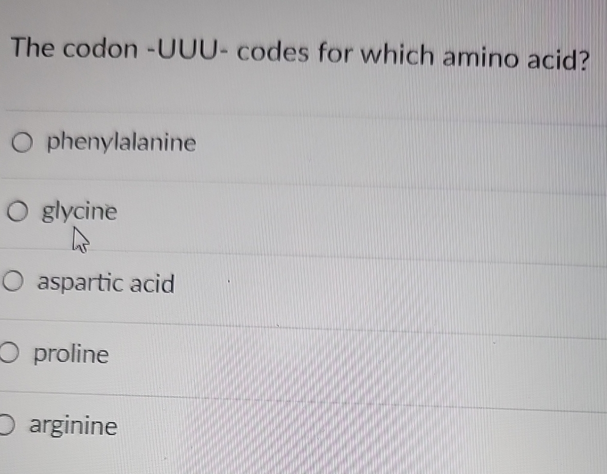 Solved The codon -UUU- ﻿codes for which amino | Chegg.com