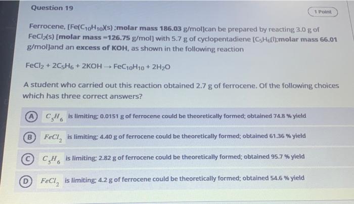 Solved Question 19 1 Point Ferrocene Fec10h10xsmolar 6538