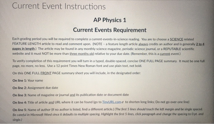 Ap Current Events Current Event Instructions AP Physics 1 Current | Chegg.com