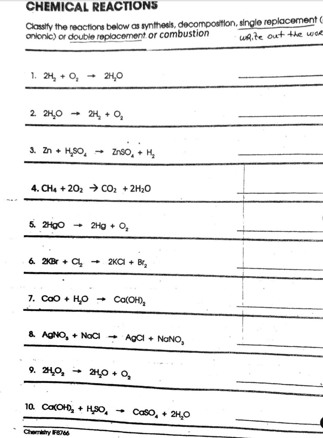 Solved CHEMICAL REACTIONS Classity the reactions below as | Chegg.com