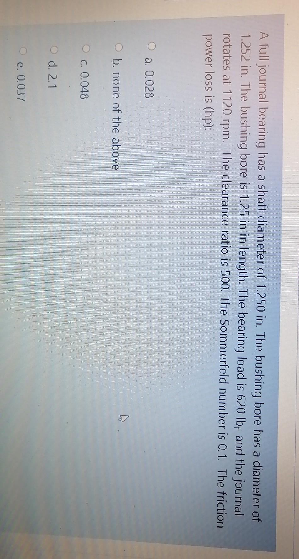 Solved A full journal bearing has a shaft diameter of 1.250