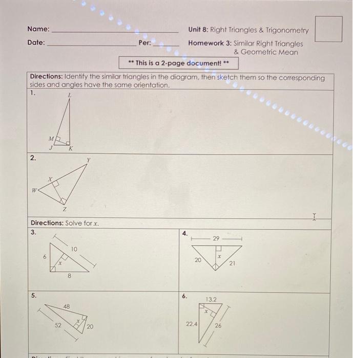 Name Unit 8 Right Triangles Trigonometry Date Chegg Com