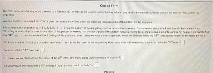 Closed Form The closed form of a sequence a refers to | Chegg.com