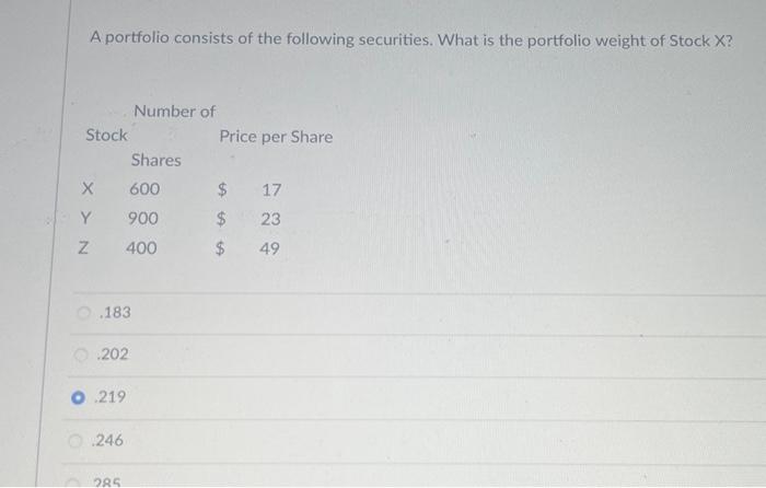 Solved A Portfolio Consists Of The Following Securities. | Chegg.com