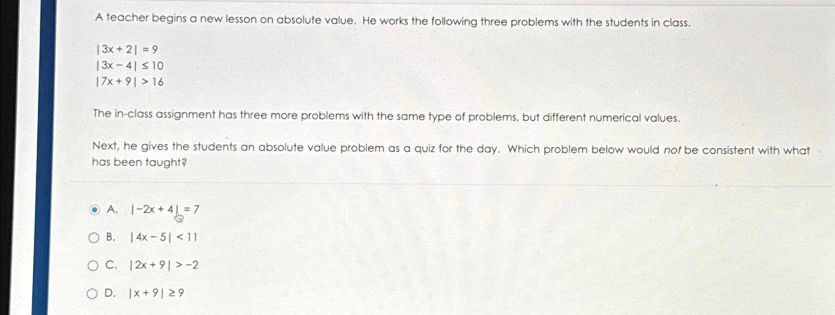 Solved A teacher begins a new lesson on absolute value. He | Chegg.com