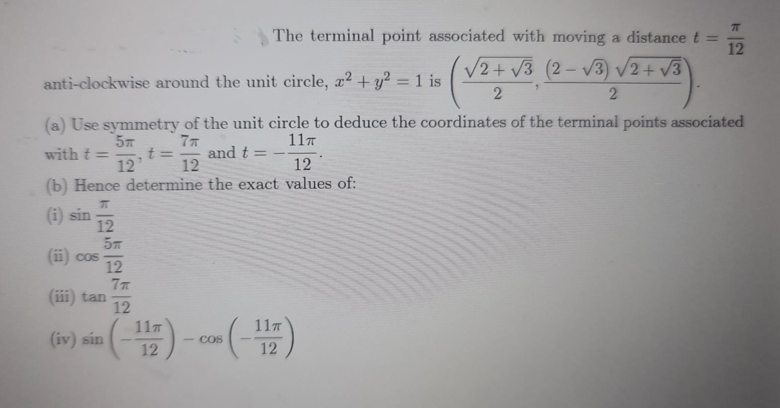 Solved A terminal point associated with moving a distance t | Chegg.com