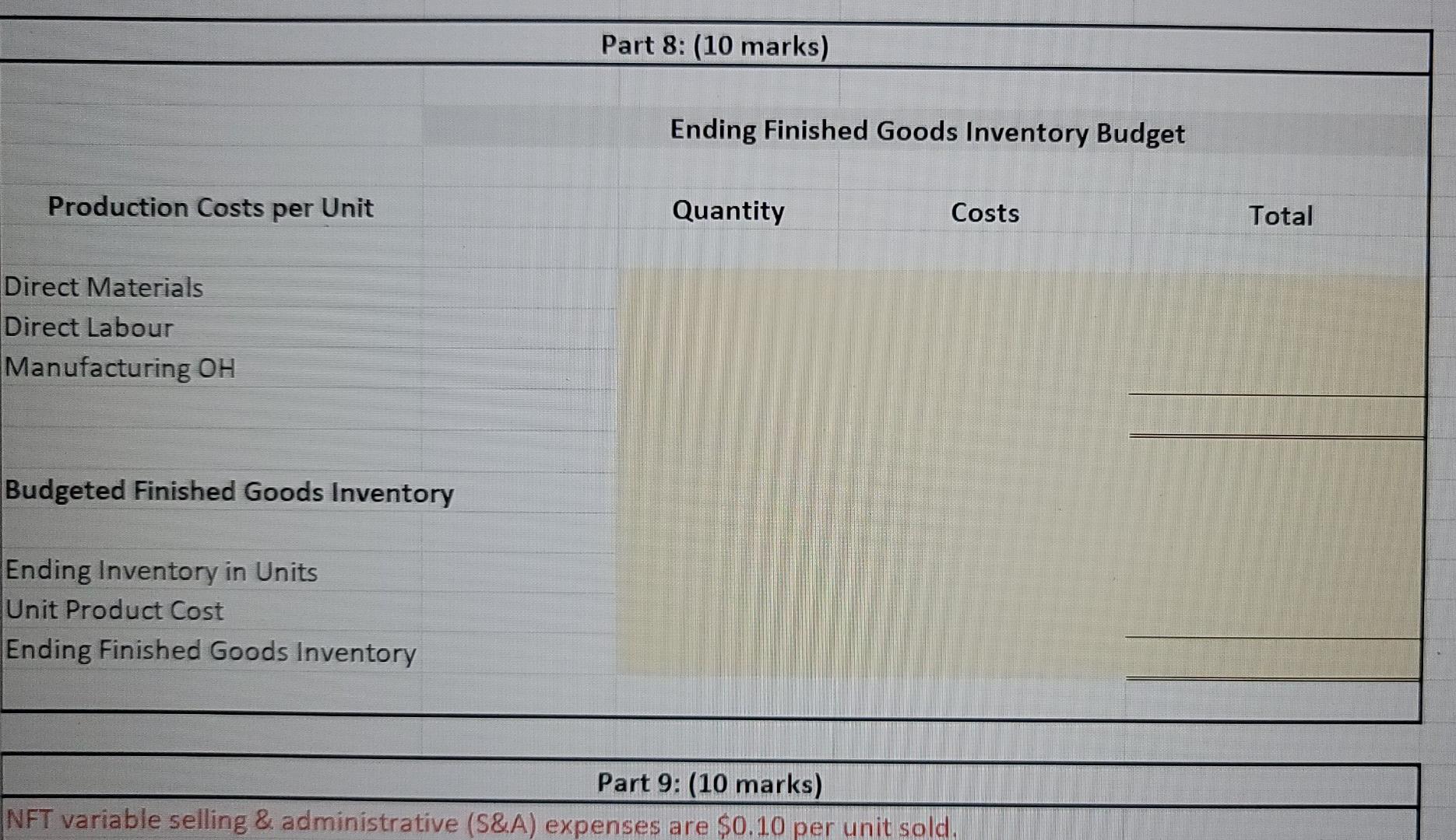 Part 8 (10 marks) Ending Finished Goods Inventory