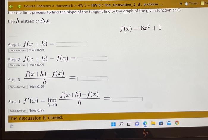 Solved Use the limit process to find the slope of the | Chegg.com