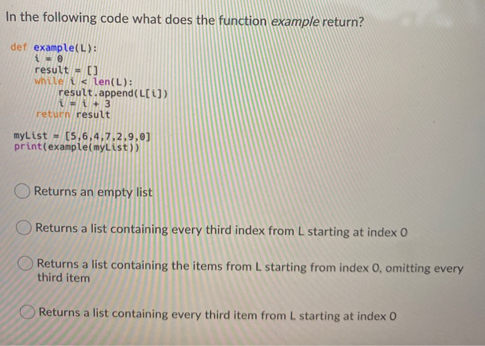 Solved In the following code what does the function example | Chegg.com