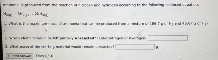 Solved Ammonia is produced from the reaction of nitrogen and | Chegg.com