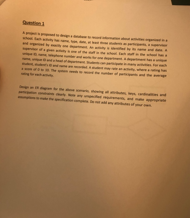 Question 1 A project is proposed to design a database to record information about activities organized in a school. Each acti