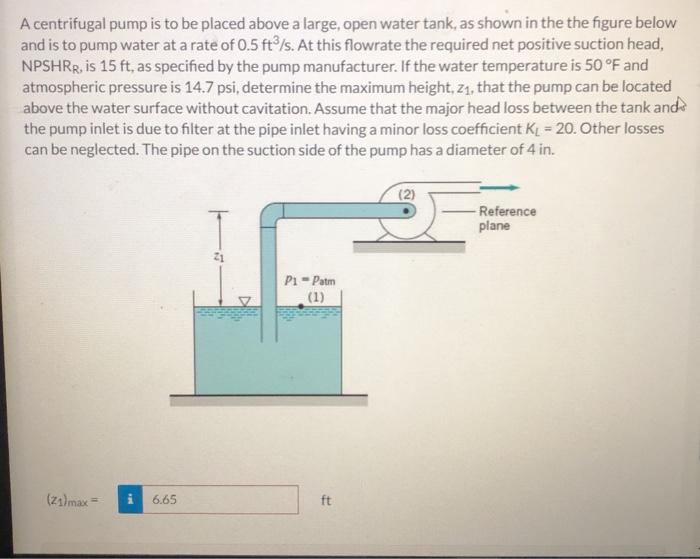 Solved A Centrifugal Pump Is To Be Placed Above A Large, | Chegg.com