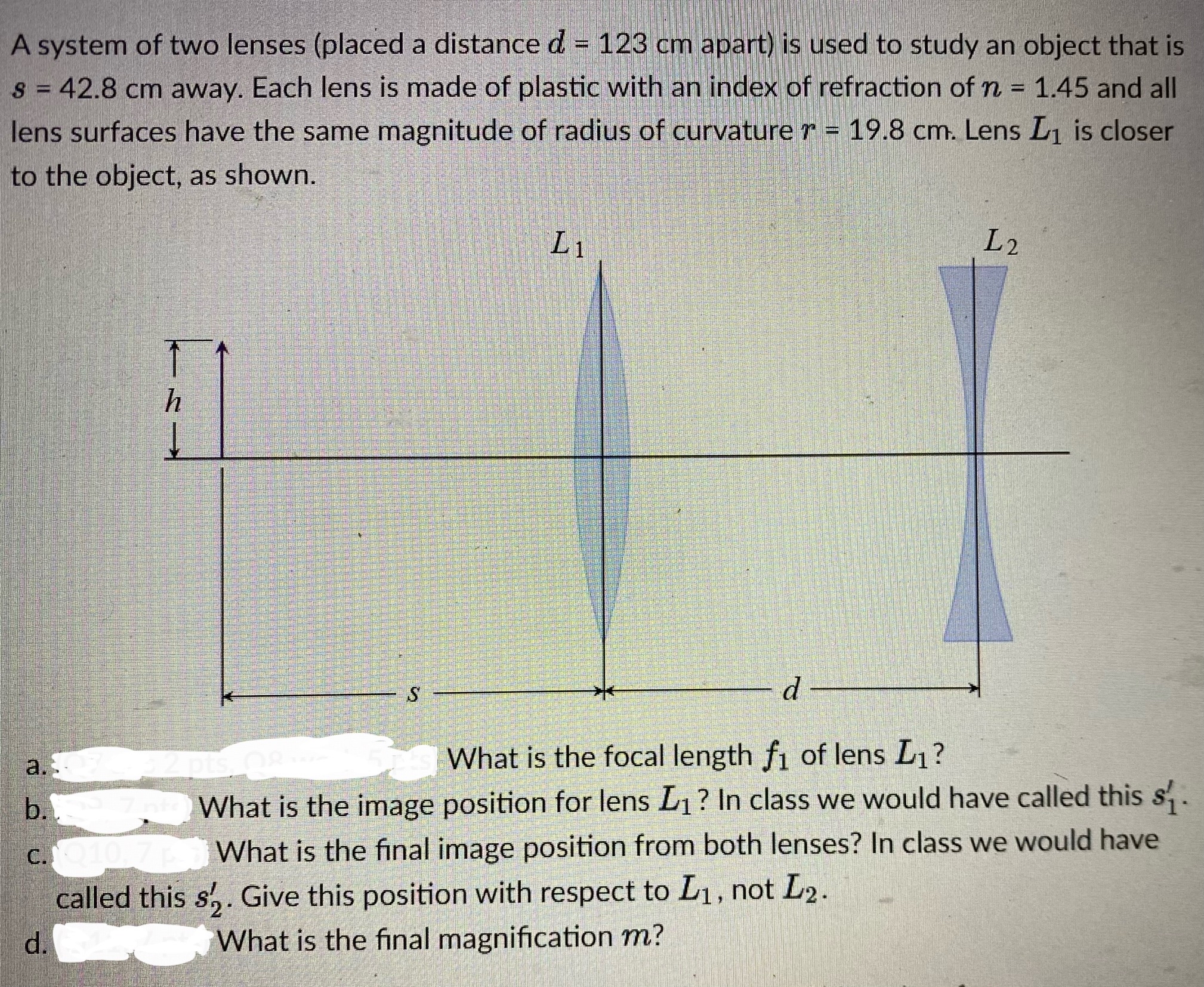 Solved A system of two lenses (placed a distance d=123cm | Chegg.com