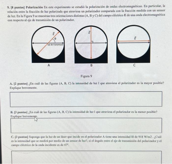 9. [8 puntos] Polarizaciōn En este experimento se estudió la polarización de ondas electromagnéticas. En particular, la relac