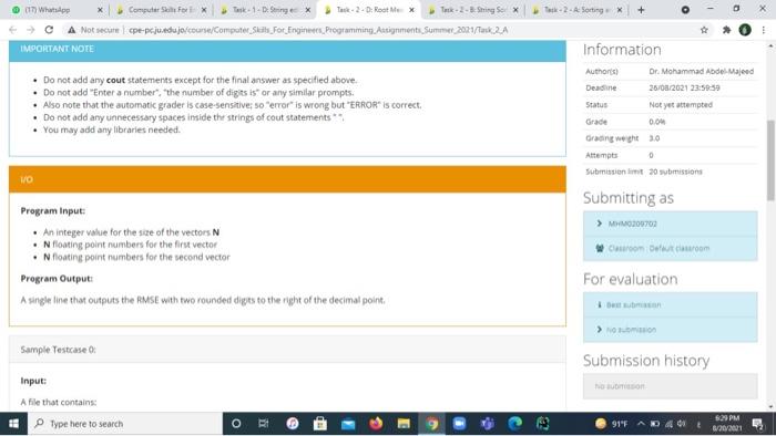 Solved Task - 2 - D: Root Mean Square Error CalculationRoot | Chegg.com