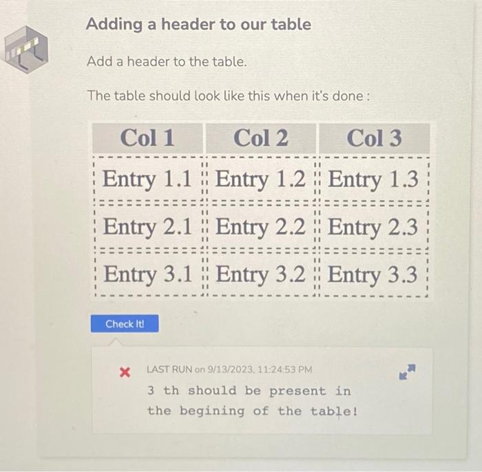 Solved Adding a header to our table Add a header to the | Chegg.com