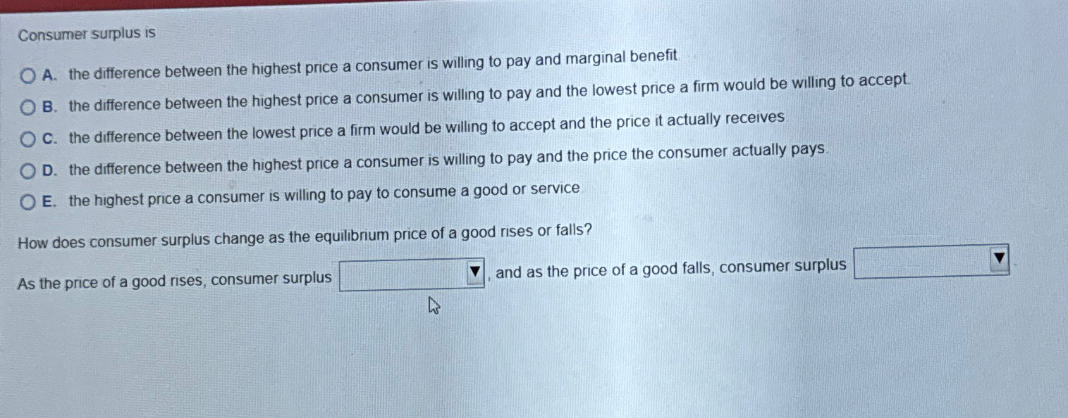 Solved Consumer surplus isA. ﻿the difference between the | Chegg.com
