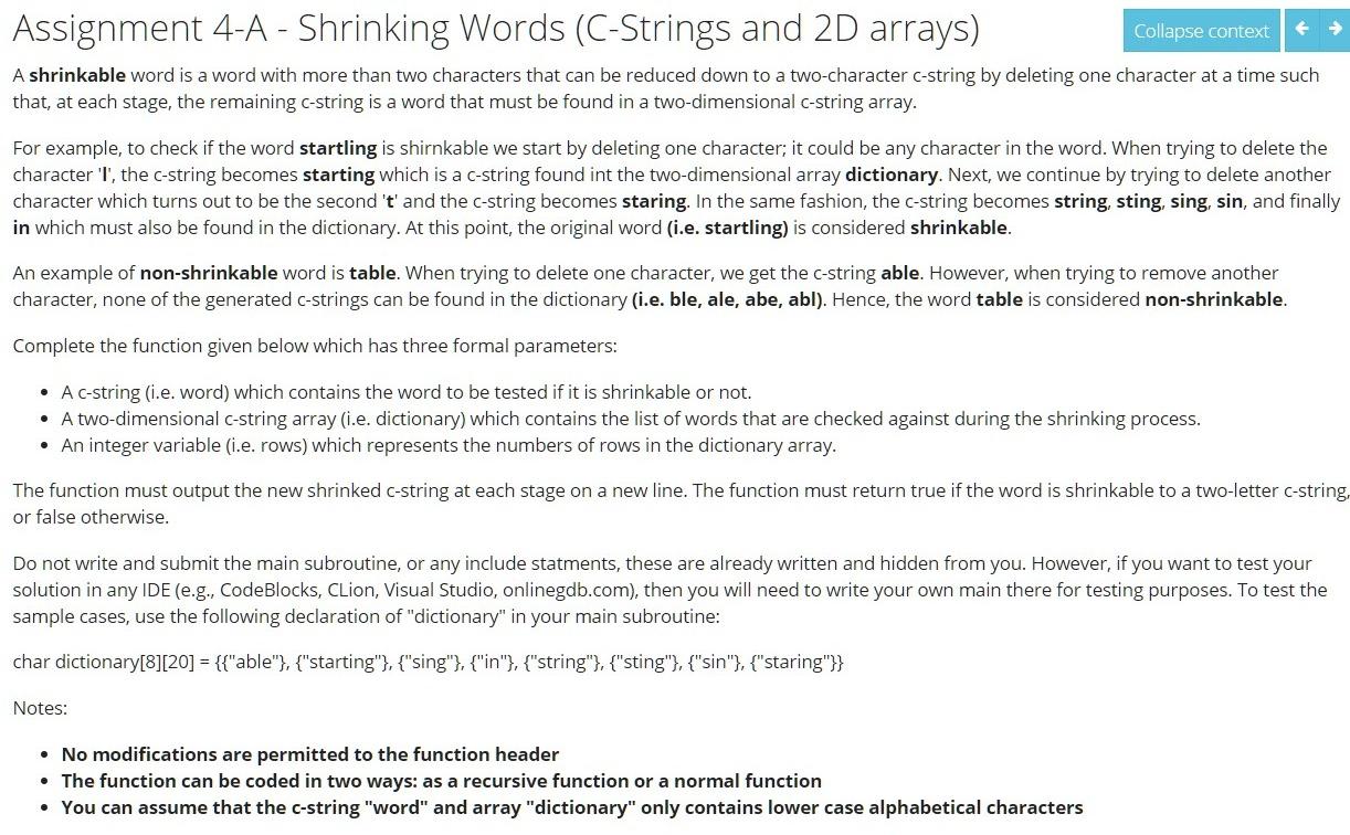 Solved Assignment 4-A - Shrinking Words (C-Strings and 2D | Chegg.com
