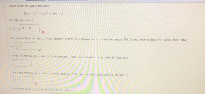 Solved Consider the following function. f(x)=2x3−15x2+26x−9 | Chegg.com