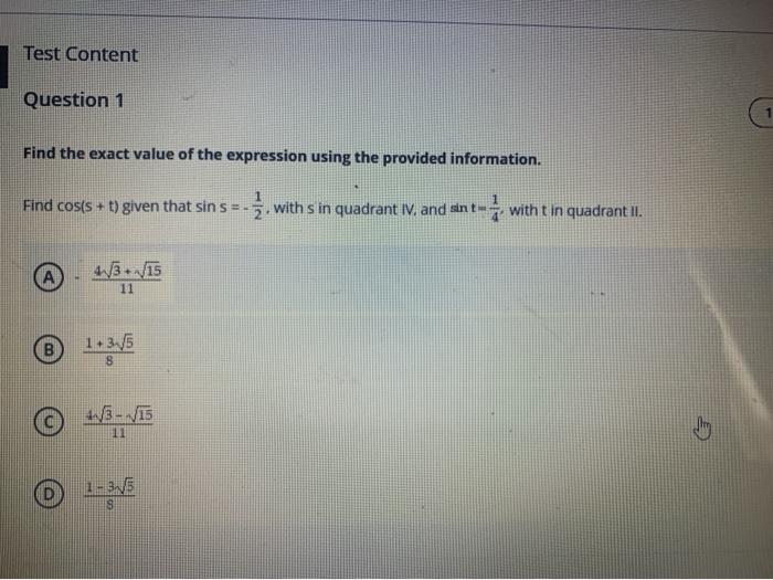 Solved Test Content Question 1 Find the exact value of the | Chegg.com