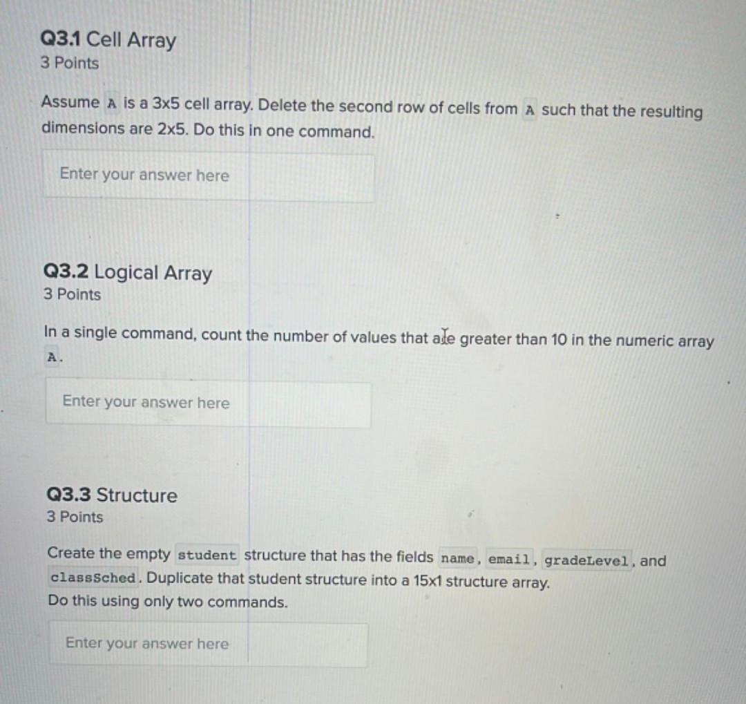 Solved Q3.1 Cell Array 3 Points Assume A is a 3x5 cell | Chegg.com