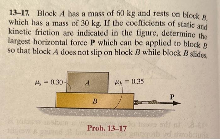 Solved 13-17. Block A Has A Mass Of 60 Kg And Rests On Block | Chegg.com