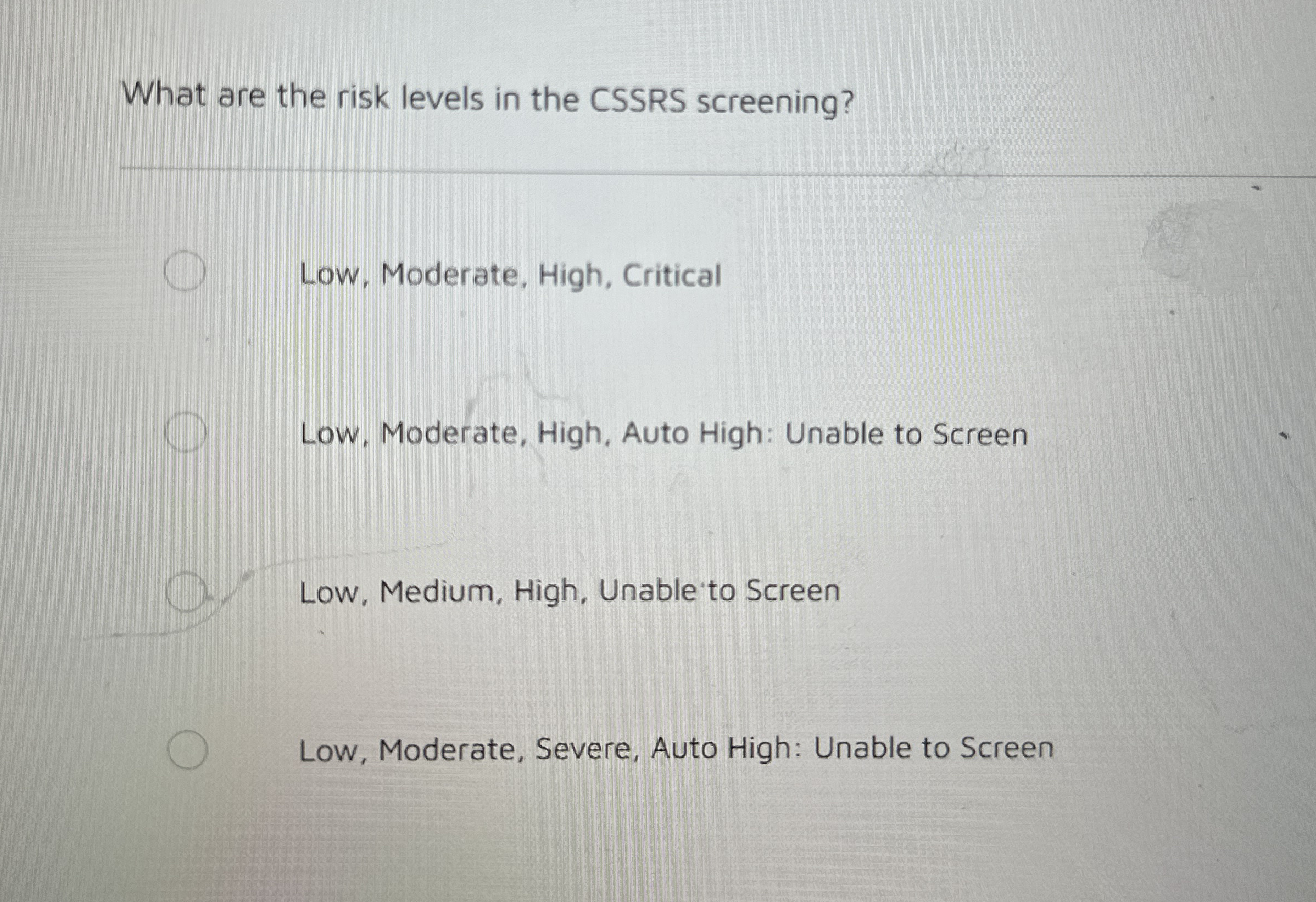 High Quality SOLUTION What are the risk levels in the CSSRS screening ...