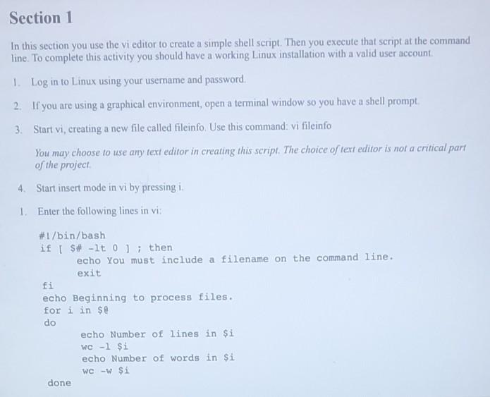 Solved Section 1 In this section you use the vi editor to | Chegg.com