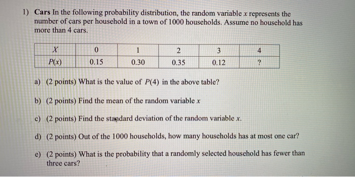 Solved 1) Cars In The Following Probability Distribution, | Chegg.com