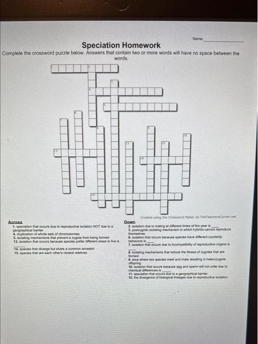 Speciation Homework Name: Complete the crossword Chegg com
